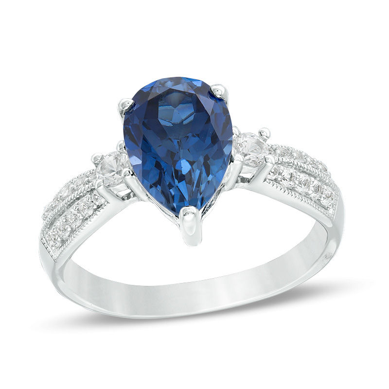 Main Image 1 of Pear-Shaped Lab-Created Blue and White Sapphire Vintage-Style Ring in Sterling Silver