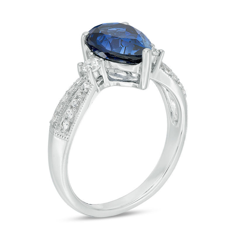 Main Image 2 of Pear-Shaped Lab-Created Blue and White Sapphire Vintage-Style Ring in Sterling Silver