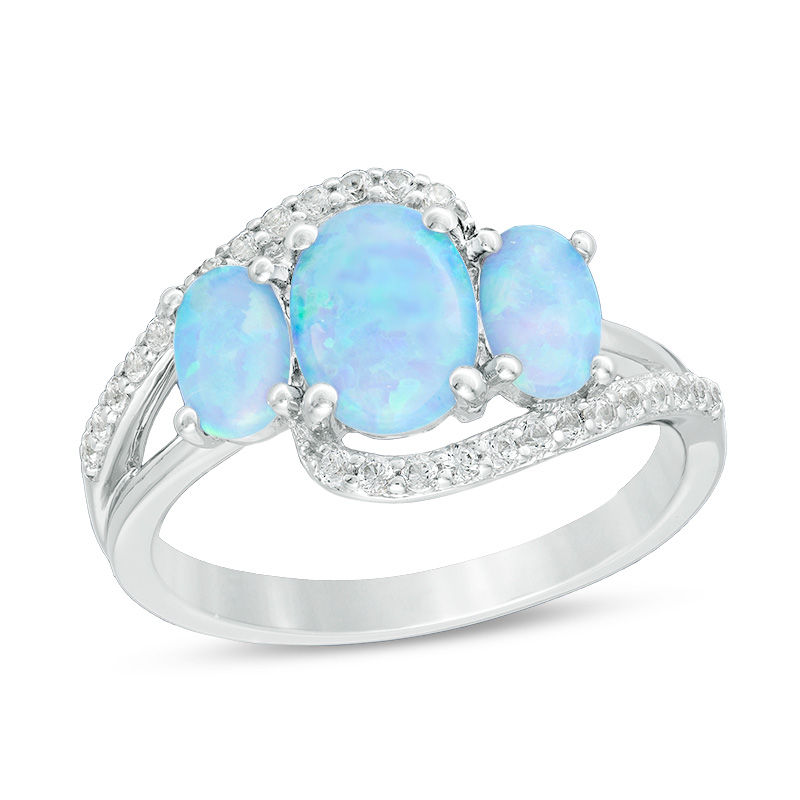 Oval Lab-Created Blue Opal and White Sapphire Three Stone Bypass Ring ...