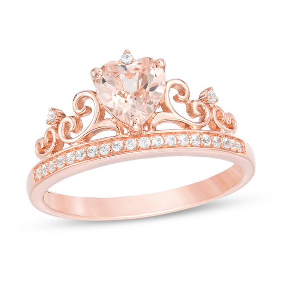 6.0mm Heart-Shaped Morganite and Lab-Created White Sapphire Tiara Ring in 10K Rose Gold