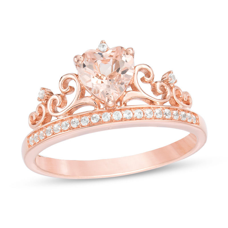 Main Image 1 of 6.0mm Heart-Shaped Morganite and Lab-Created White Sapphire Tiara Ring in 10K Rose Gold