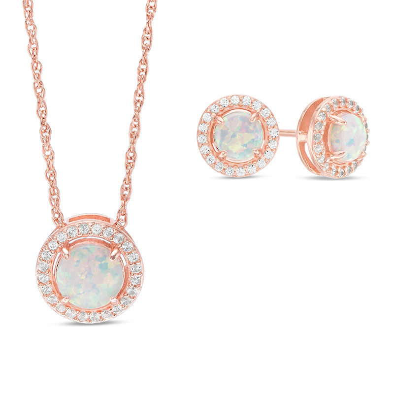 Lab-Created Opal and White Sapphire Frame Pendant and Earrings Set in Sterling Silver with 18K Rose Gold Plate