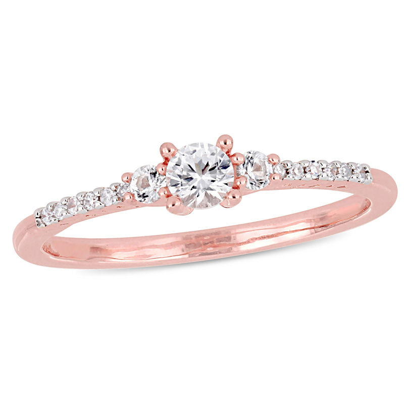 Main Image 1 of 3.5mm Lab-Created White Sapphire and 1/20 CT. T.W. Diamond Three Stone Promise Ring in Sterling Silver with Rose Rhodium