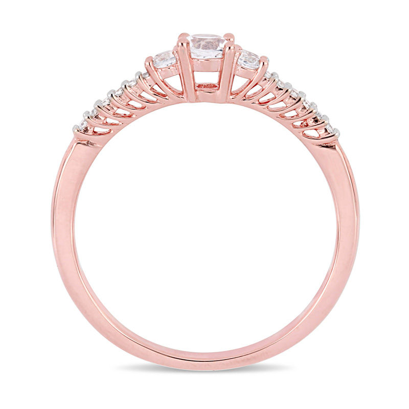 Main Image 3 of 3.5mm Lab-Created White Sapphire and 1/20 CT. T.W. Diamond Three Stone Promise Ring in Sterling Silver with Rose Rhodium