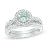 Thumbnail Image 0 of 6.0mm Aquamarine and 1/3 CT. T.W. Diamond Frame Vintage-Style Bridal Set in 14K White Gold