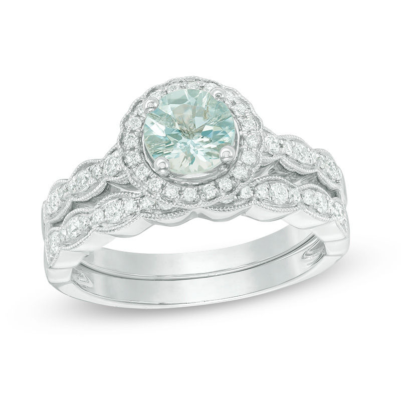 6.0mm Aquamarine and 1/3 CT. T.W. Diamond Frame Vintage-Style Bridal Set in 14K White Gold