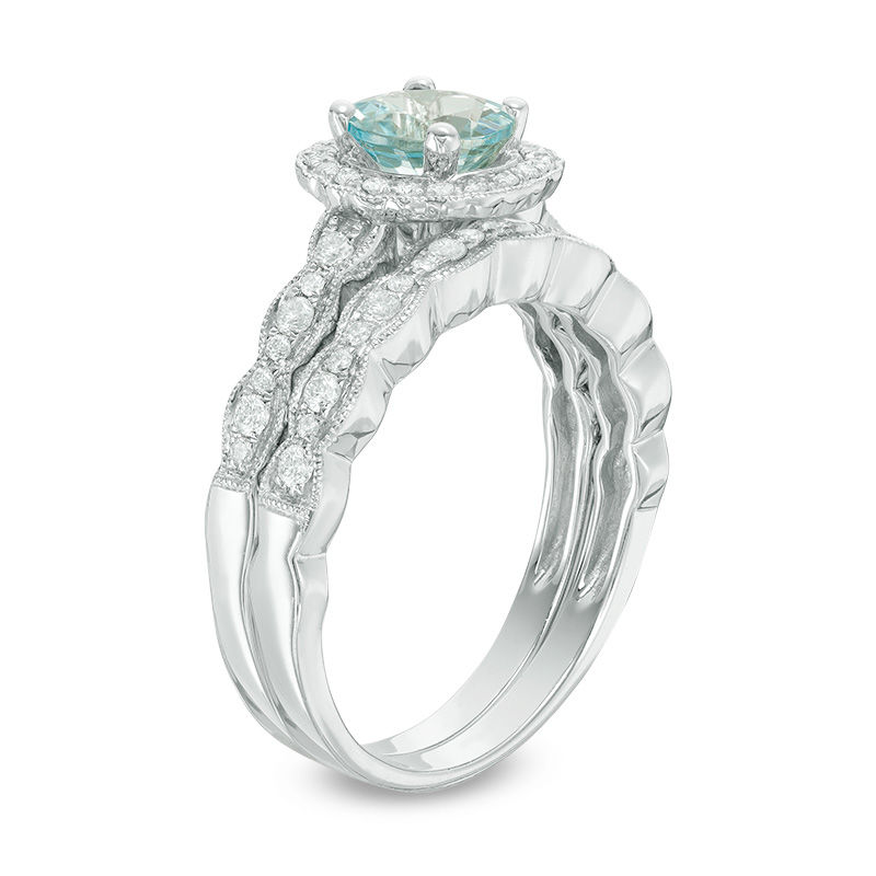 6.0mm Aquamarine and 1/3 CT. T.W. Diamond Frame Vintage-Style Bridal Set in 14K White Gold