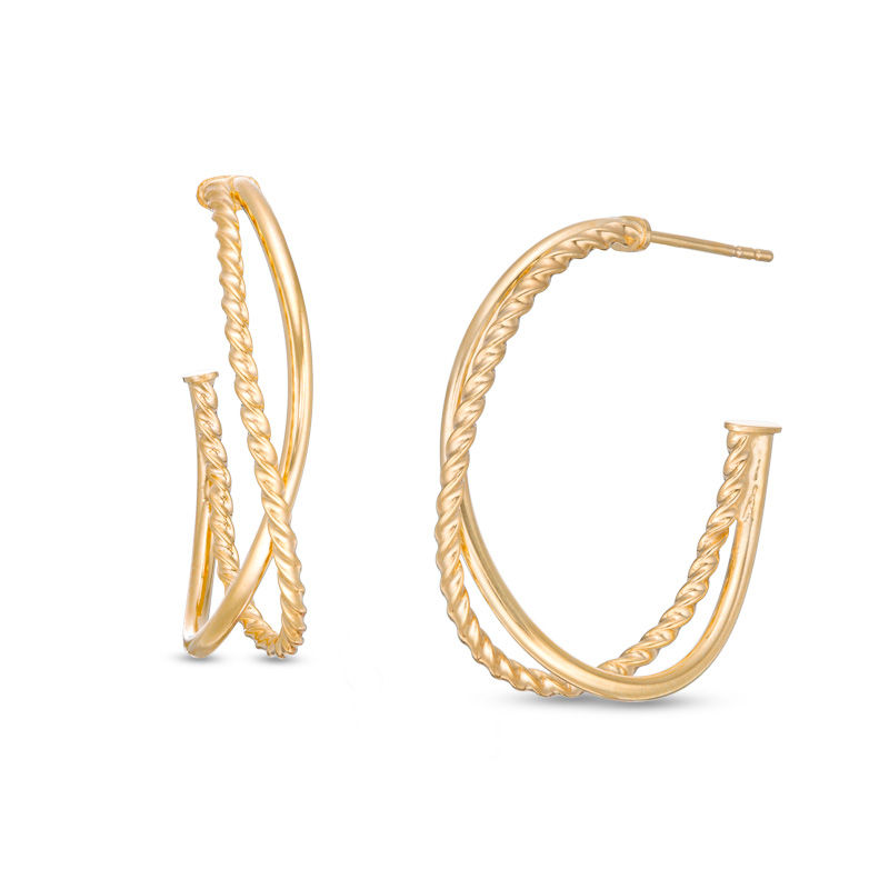 Main Image 1 of Made in Italy Rope Crossover Double J-Hoop Earrings in 14K Gold