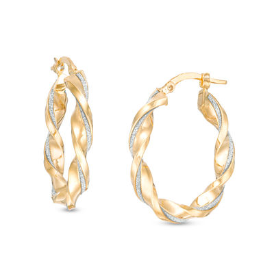 10K Gold Snap-Post Italian Hoop Earrings round 40 mm Twisted Linguini Tubing w/ Textured Finish 1 1/2 