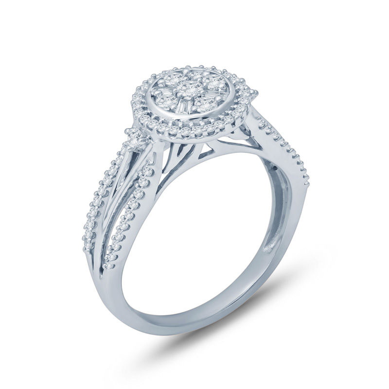 1/2 CT. T.W. Composite Diamond Frame Multi-Row Split Shank Engagement Ring in 10K White Gold