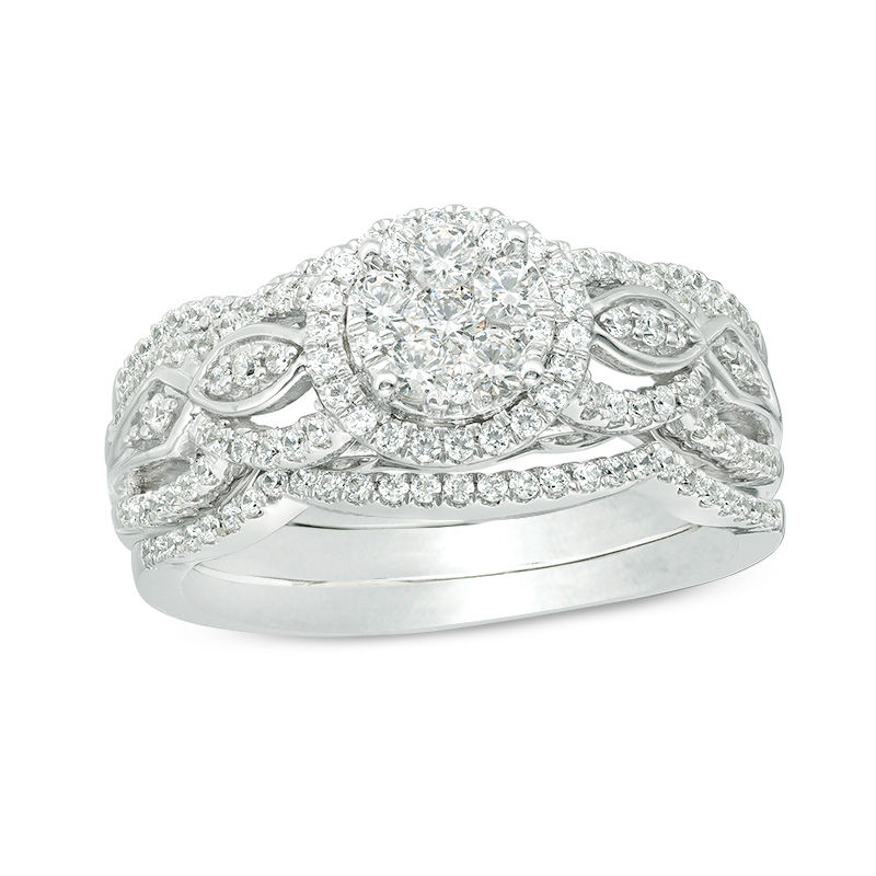 Main Image 1 of 3/4 CT. T.W. Composite Diamond Frame Three Piece Bridal Set in 10K White Gold