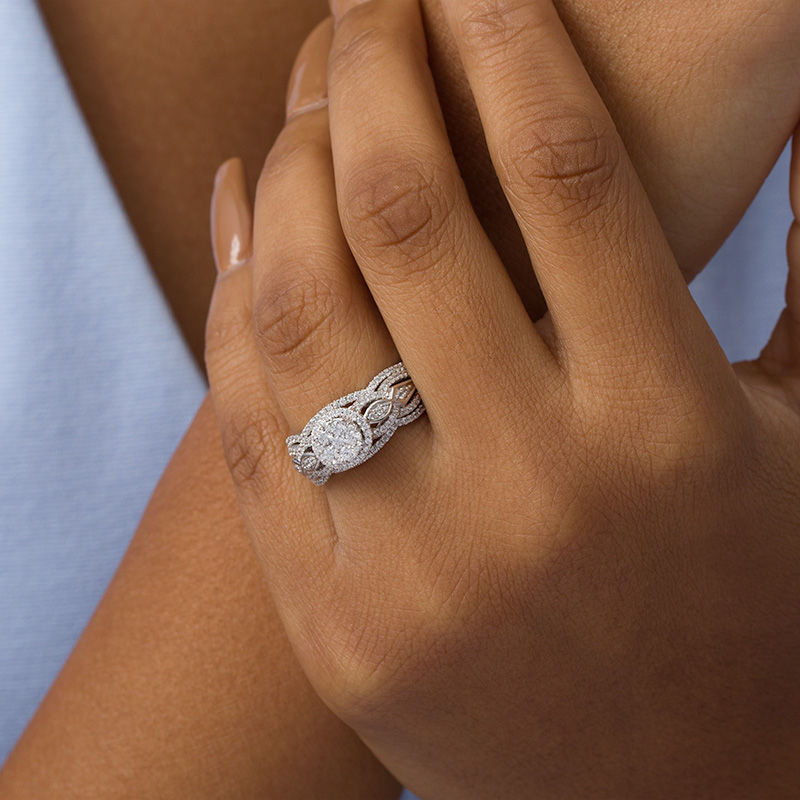 Main Image 2 of 3/4 CT. T.W. Composite Diamond Frame Three Piece Bridal Set in 10K White Gold