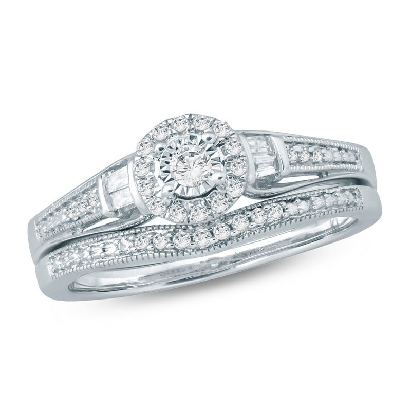 1/4 CT. T.W. Diamond Frame Vintage-Style Bridal Set in 10K White Gold