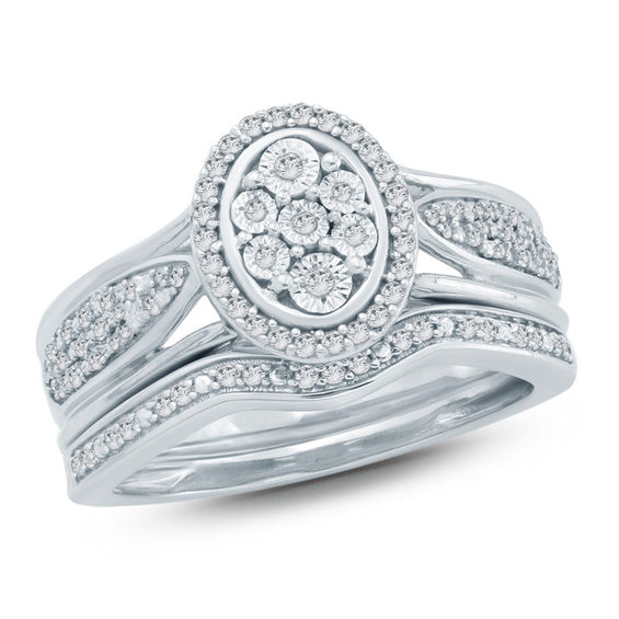 1/4 CT. T.w. Composite Diamond Oval Frame Bridal Set in Sterling Silver