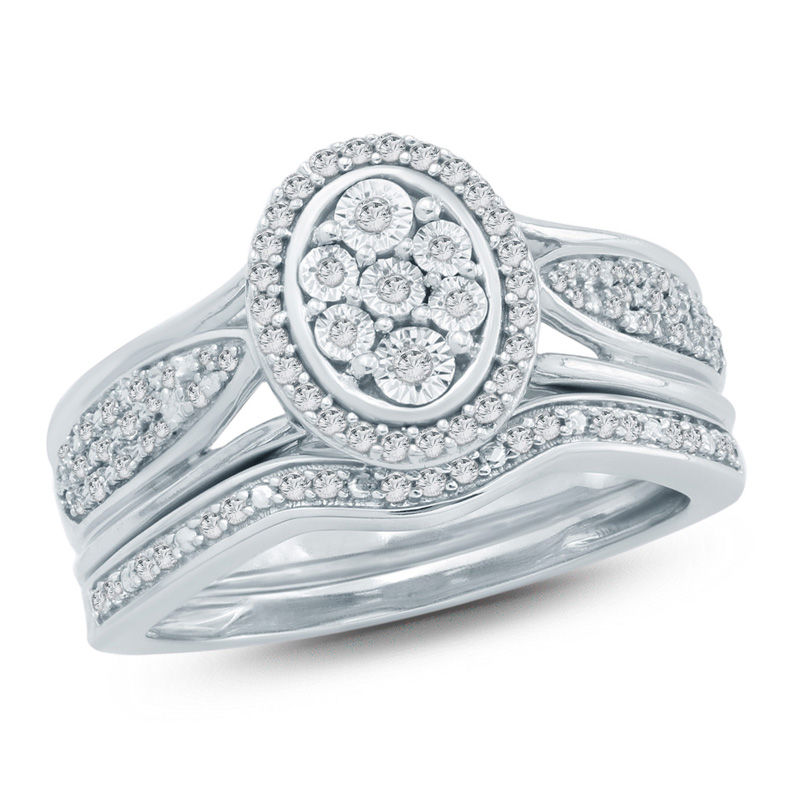 Main Image 1 of 1/4 CT. T.W. Composite Diamond Oval Frame Bridal Set in Sterling Silver