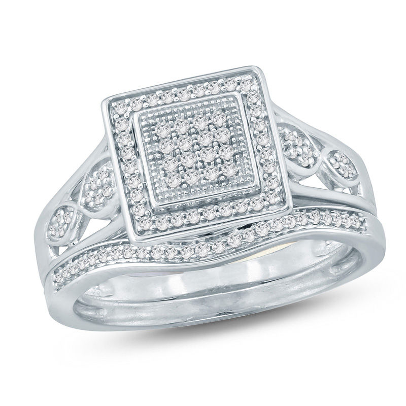 Main Image 1 of 1/4 CT. T.W. Composite Diamond Square Frame Bridal Set in Sterling Silver