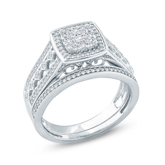 1/2 CT. T.w. Composite Diamond Square Frame Multi-Row Bridal Set in Sterling Silver