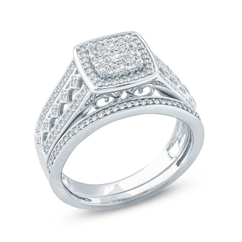 Main Image 2 of 1/2 CT. T.W. Composite Diamond Square Frame Multi-Row Bridal Set in Sterling Silver