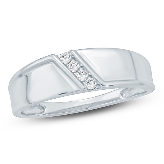 Men's 1/10 CT. T.W. Diamond Four Stone Slant Wedding Band in 10K White Gold Men's 1/10 CT. T.W. Diamond Four Stone Slant Wedding Band in 10K White Gold