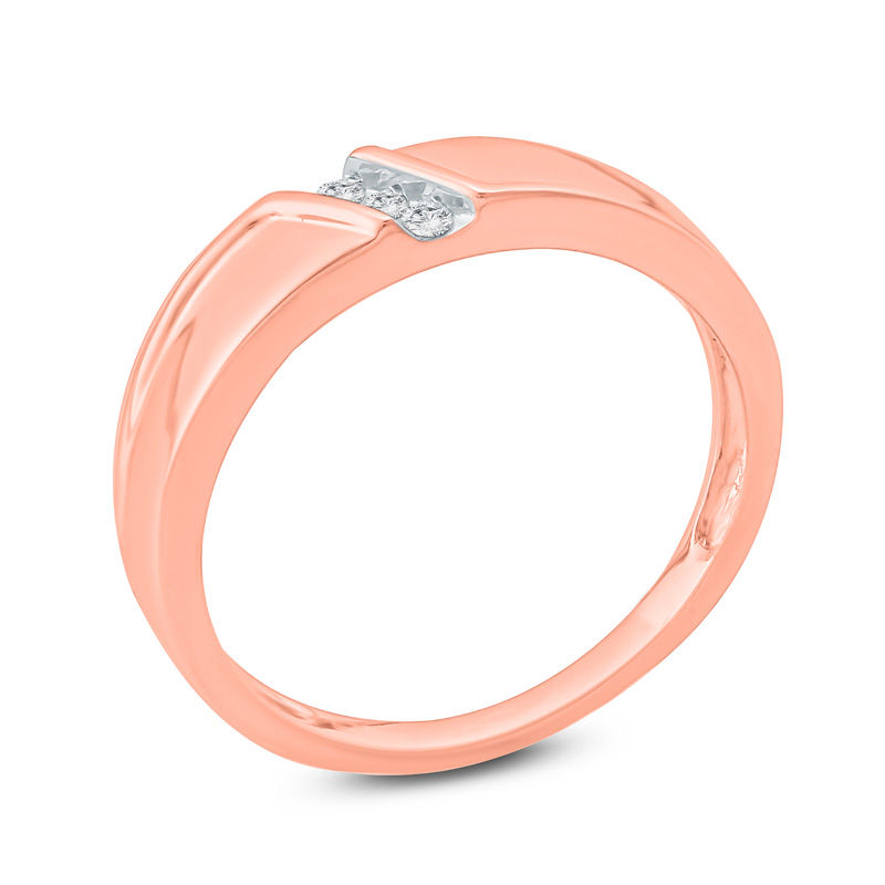 Main Image 2 of 1/20 CT. T.W. Diamond Three Stone Slant Wedding Band in 10K Rose Gold