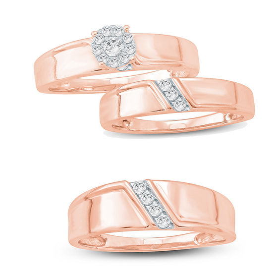 1/20 CT. T.w. Diamond Three Stone Slant Wedding Band in 10K Rose Gold