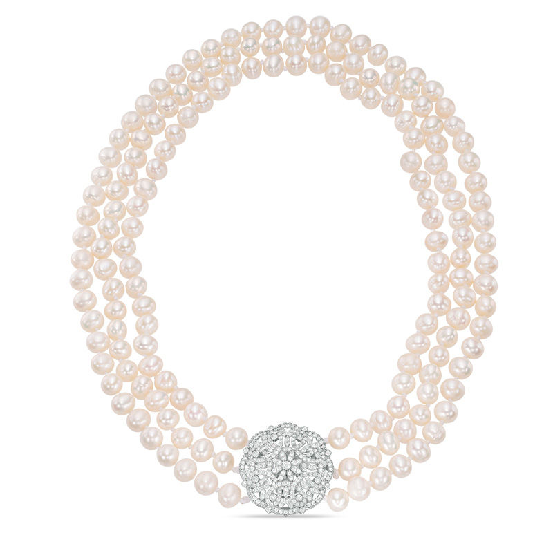 Cultured Freshwater Pearl and Lab-Created White Sapphire Triple Strand Necklace with Sterling Silver Clasp