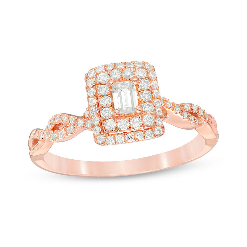 1/2 CT. T.W. Emerald-Cut Diamond Double Frame Twist Engagement Ring in 14K Rose Gold