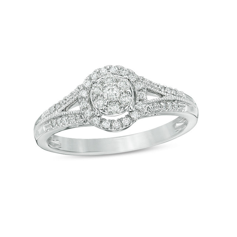 1/4 CT. T.W. Composite Diamond Frame Vintage-Style Engagement Ring in 10K White Gold