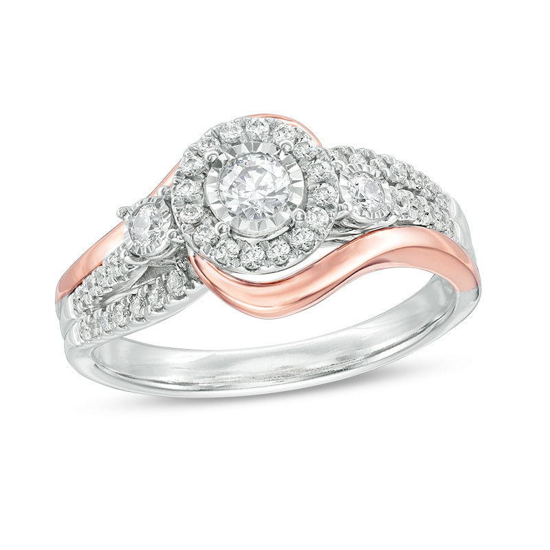 Main Image 1 of 1/2 CT. T.W. Diamond Frame Bypass Three Stone Engagement Ring in 14K Two-Tone Gold