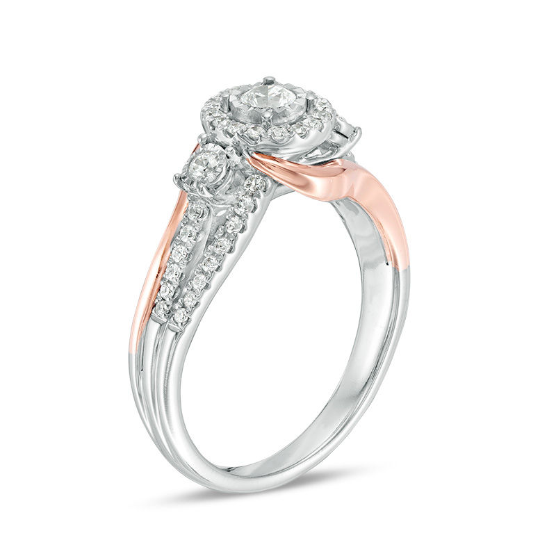 1/2 CT. T.W. Diamond Frame Bypass Three Stone Engagement Ring in 14K ...