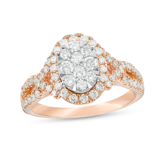 1 CT. T.w. Composite Diamond Oval Frame Twist Engagement Ring in 14K Two-Tone Gold