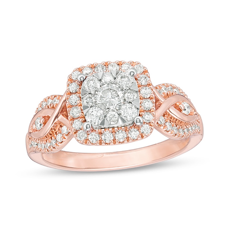 Main Image 1 of 3/4 CT. T.W. Diamond Double Cushion Frame Twist Engagement Ring in 10K Two-Tone Gold