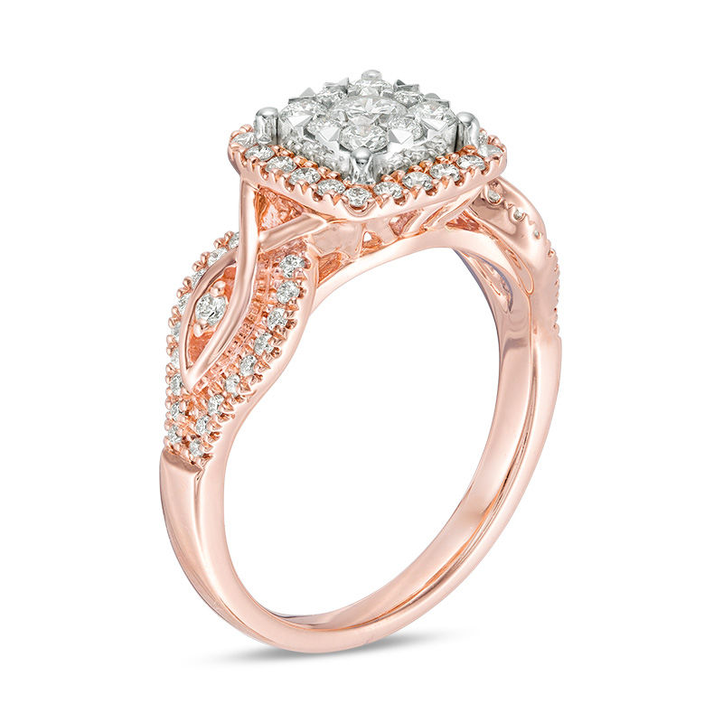 Main Image 2 of 3/4 CT. T.W. Diamond Double Cushion Frame Twist Engagement Ring in 10K Two-Tone Gold