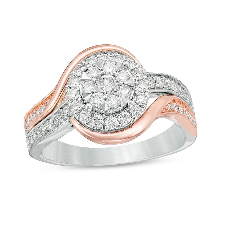 Main Image 1 of 3/4 CT. T.W. Diamond Double Frame Bypass Engagement Ring in 10K Two-Tone Gold