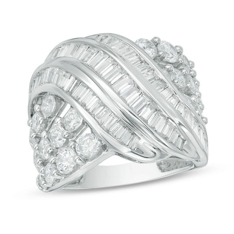 3 CT. T.W. Baguette and Round Diamond Crossover Ring in 10K White