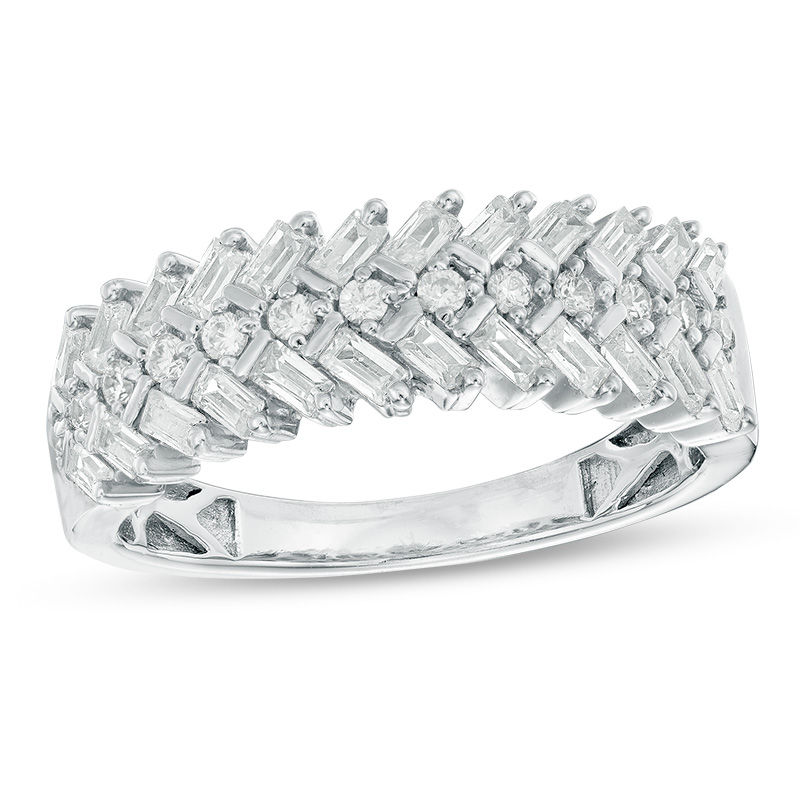 Main Image 1 of 1/2 CT. T.W. Baguette and Round Diamond Chevron Ring in 10K White Gold