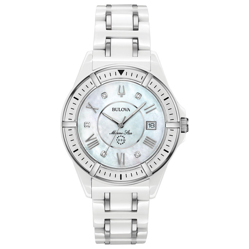 Ladies' Bulova Marine Star Diamond Accent Ceramic Watch with Mother-of-Pearl Dial (Model: 98P172)