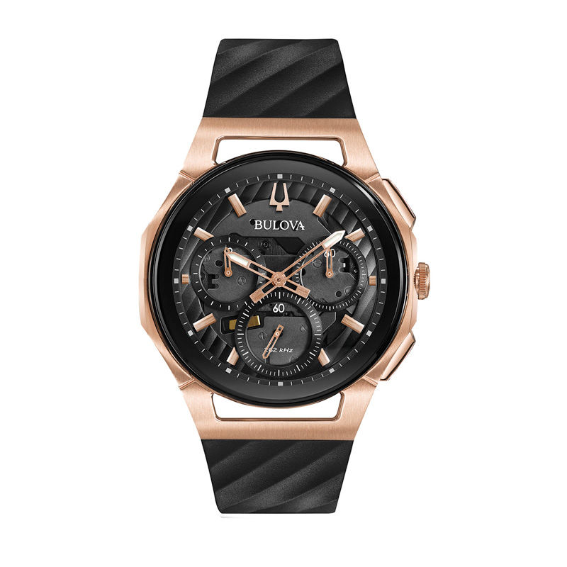 Men's Bulova Curv Chronograph Two-Tone Strap Watch with Black Skeleton Dial (Model: 98A185)