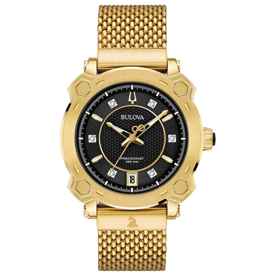Bulova Precisionist Special GrammyÂ® Edition Diamond Accent Gold-Tone Mesh Watch with Black Dial (Model: 97P124)