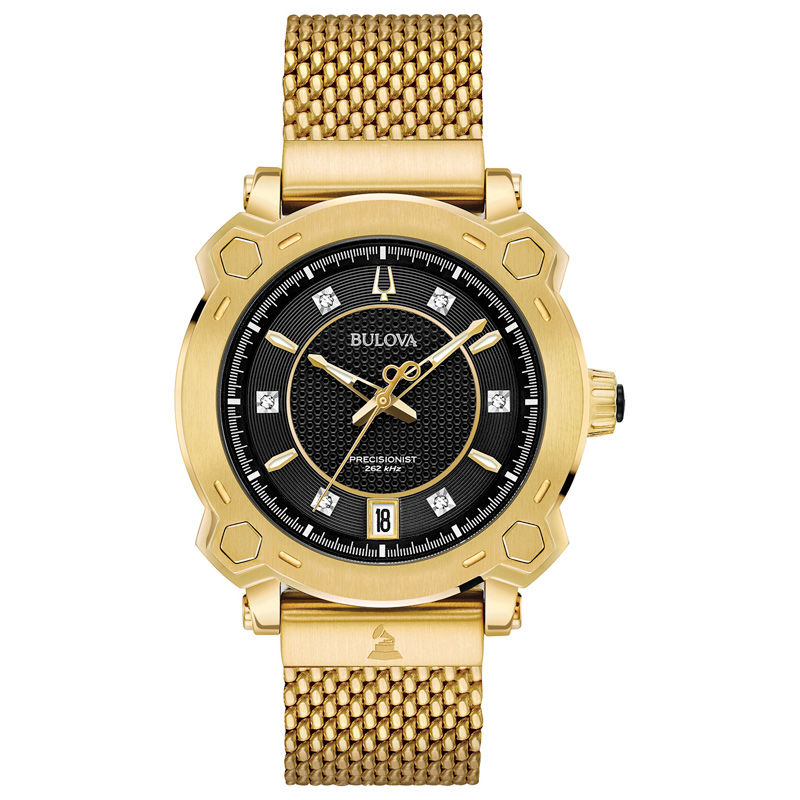 Bulova Precisionist Special GRAMMY® Edition Diamond Accent Gold-Tone Mesh Watch with Black Dial (Model: 97P124)