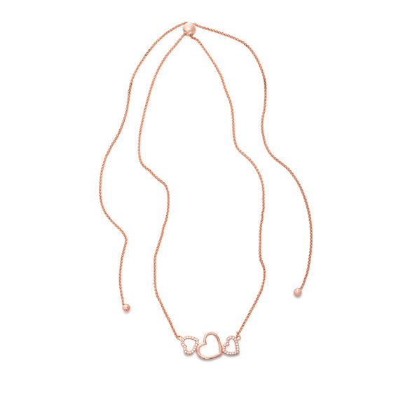 Lab-Created White Sapphire Triple Heart Bolo Necklace in Sterling Silver with 18K Rose Gold Plate - 26"
