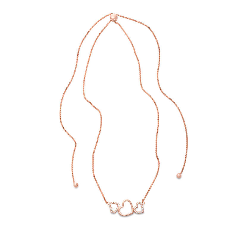 Main Image 1 of Lab-Created White Sapphire Triple Heart Bolo Necklace in Sterling Silver with 18K Rose Gold Plate - 26&quot;