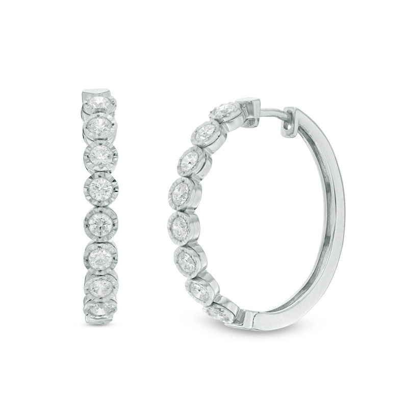 1 Ct T W Diamond Hoop Earrings In 10k White Gold T W Diamond Hoop Earrings In 10k White Gold