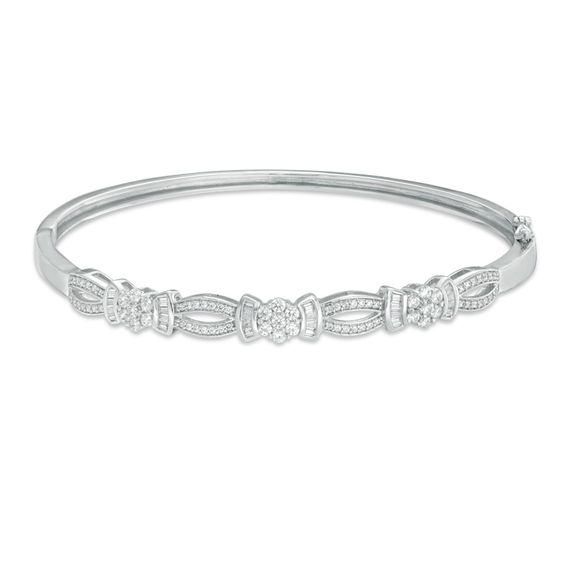1 CT. T.w. Baguette and Round Diamond Bow Bangle in 10K White Gold - 7.5"