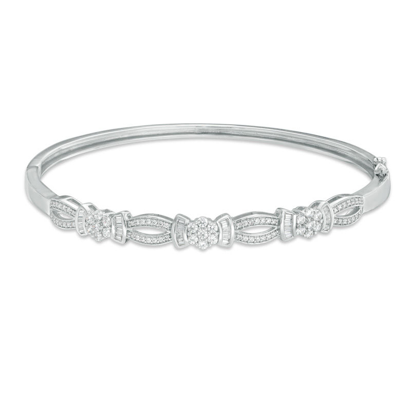 Main Image 1 of 1 CT. T.W. Baguette and Round Diamond Bow Bangle in 10K White Gold - 7.5"