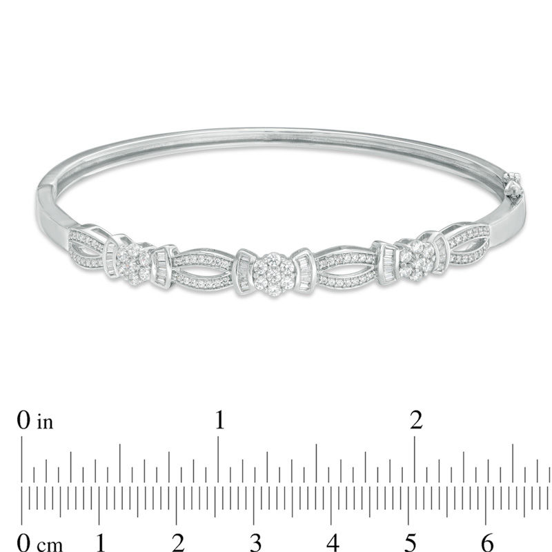 Main Image 2 of 1 CT. T.W. Baguette and Round Diamond Bow Bangle in 10K White Gold - 7.5"