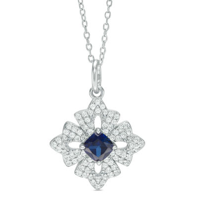 5 0mm Cushion Cut Lab Created Blue Sapphire And White Topaz Floral Pendant In Sterling Silver Zales