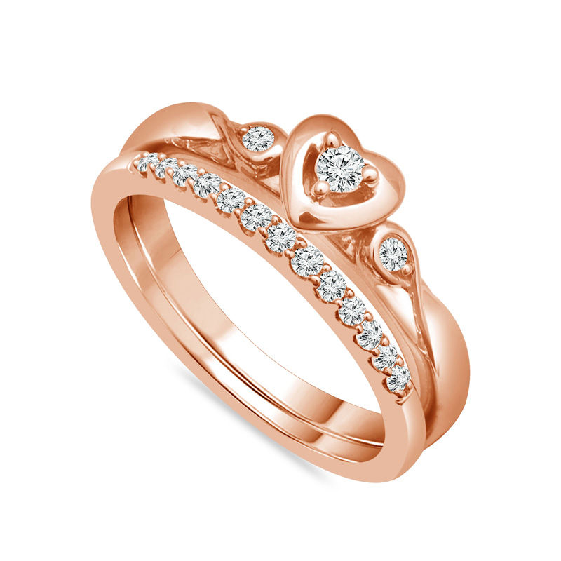 Main Image 2 of 1/5 CT. T.W. Diamond Heart Bridal Set in 10K Rose Gold