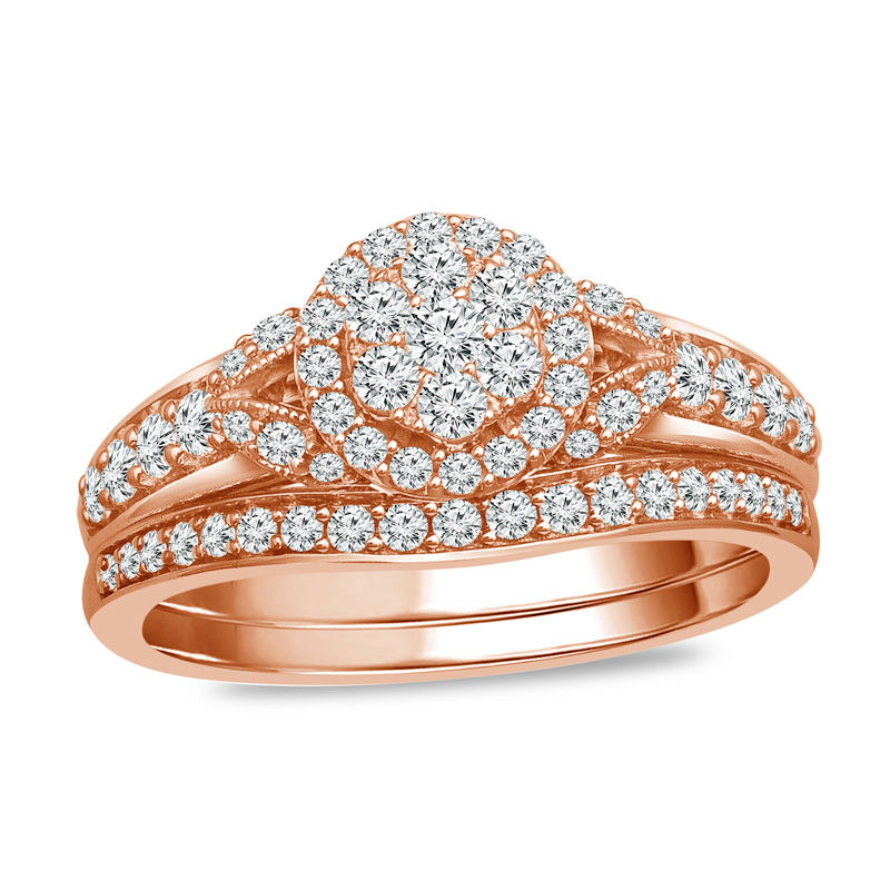 Main Image 1 of 3/4 CT. T.W. Composite Diamond Frame Vintage-Style Bridal Set in 10K Rose Gold