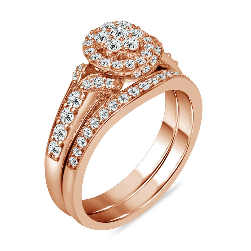 Main Image 2 of 3/4 CT. T.W. Composite Diamond Frame Vintage-Style Bridal Set in 10K Rose Gold